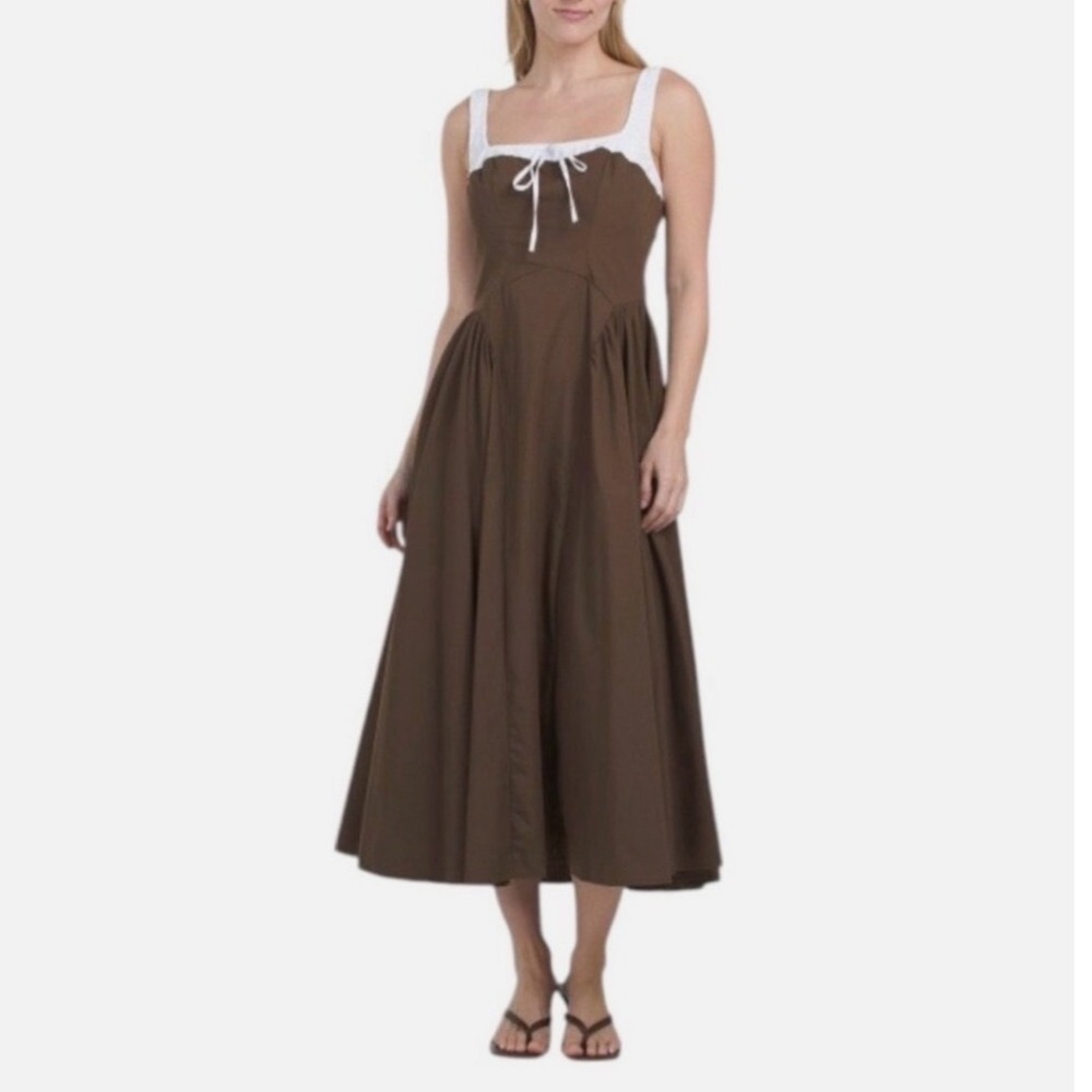 Moon River Mocha Brown White Midi SM Dress Cottagecore Corset Dirndl Fit Flare